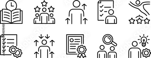 Human resources and skills development line icons set vector illustration containing performance review evaluation growth recruitment certificate success