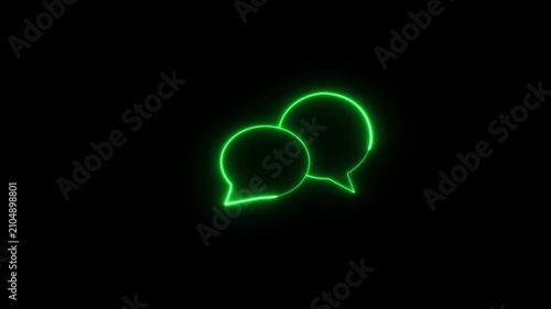 Animation of glowing neon effect speech bubble icon on the black background.