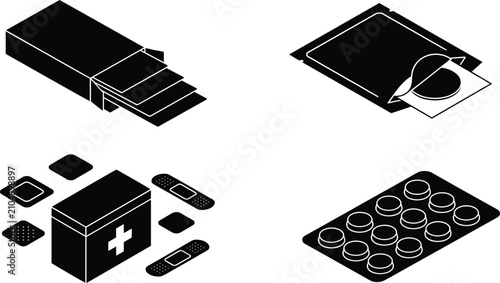 Fotografía First Aid Kit and Medical Supply Icon Set with Pills Bandages and Packaging
