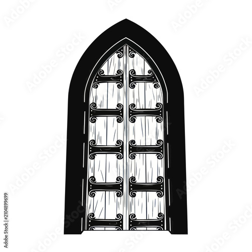 Gothic Arched Wooden Door with Ornate Metal Hinges Illustration
