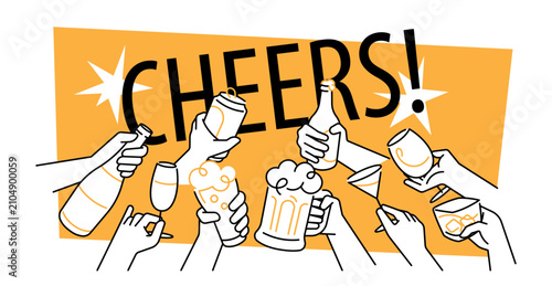 celebration party clinking alcohol drinks single line illustration. cheerful hang out and social gathering congratulation with beer,wine,whiskey happy hour decorative minimal background. hand holding 