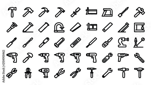 Fotografie Minimalist outline tool icons for woodworkers and technicians in small linear style set