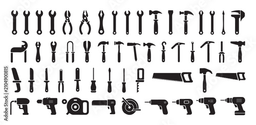 Hand tool icons including wrenches hammers screwdrivers and drills for repair and service.