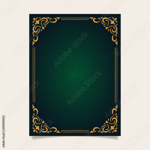 Vintage border design with golden elegant floral patterns on a dark green wall