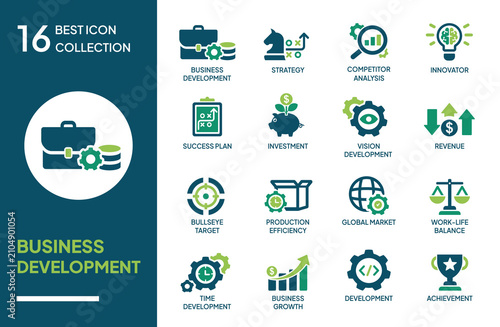 Business Development Icon Set Collection for Corporate Strategy and Growth