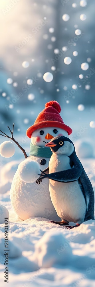 Fototapeta premium Snowman and penguin playing with snowballs in a winter wonderland scene, snowy, cold