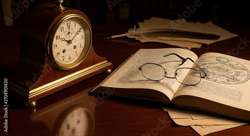 Still life with vintage clock book and quill