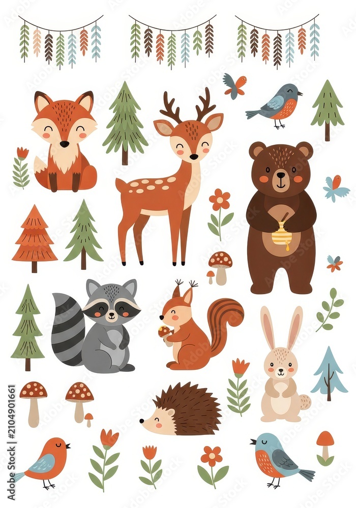 Fototapeta premium Cute Woodland Animals Vector Set with Fox, Deer, Bear, Raccoon, Squirrel, Hedgehog, and Rabbit for Kids Design