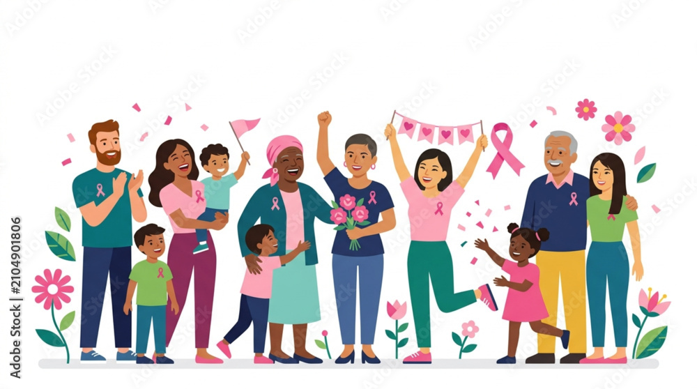 Fototapeta premium Diverse group of people celebrating breast cancer awareness with pink ribbons and confetti, conveying hope and unity against a clean white background