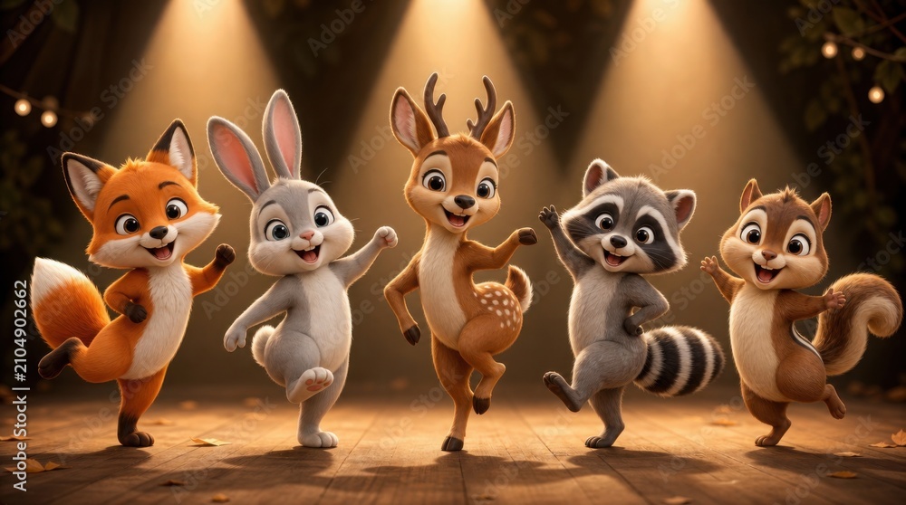 Obraz premium Five animated woodland animals joyfully dancing together on a warmly lit stage, showcasing playful expressions and lively poses.