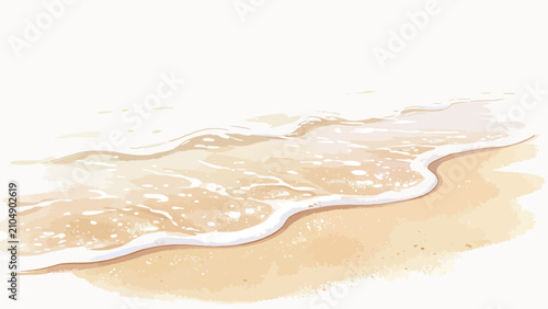 Soft Beach Waves Lapping Onto Golden Sand in Gentle Illustrative Watercolor Style