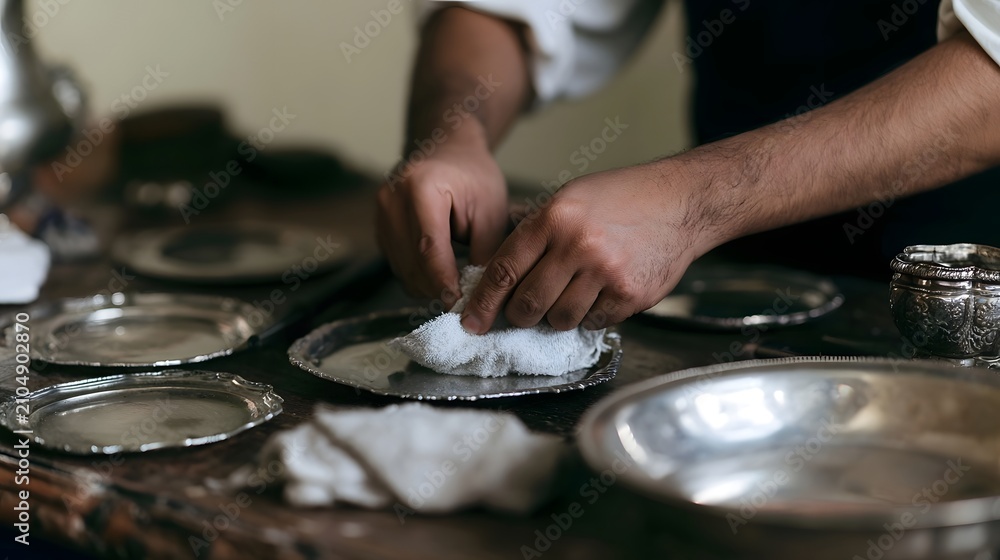 Fototapeta premium A person carefully polishing silver plates on a wooden table using a white cloth for detailed cleaning and maintenance