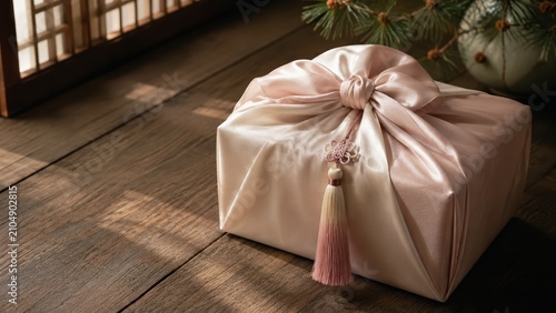 Korean Bojagi Silk Wrap Gift Box on Wooden Floor for Lunar New Year Photo