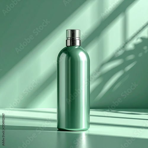 A single green cosmetic bottle stands on a white surface against a matching pastel wall.