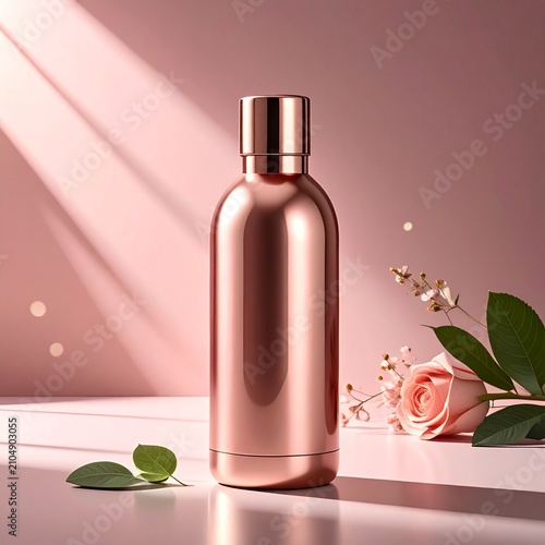 A metallic rose gold cosmetic bottle stands on a white surface against a soft pink.