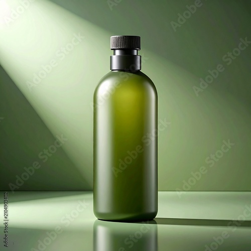 A matte green glass bottle stands on a reflective surface against a soft green background.