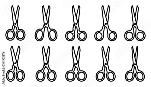 Konstfotografi Set of ten pairs of black outline scissors icons in various styles on transparent background