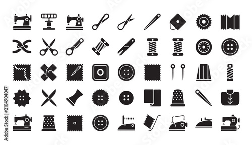 Fotografie Sewing machine scissors thread spool buttons and needle icons for craft and tailoring