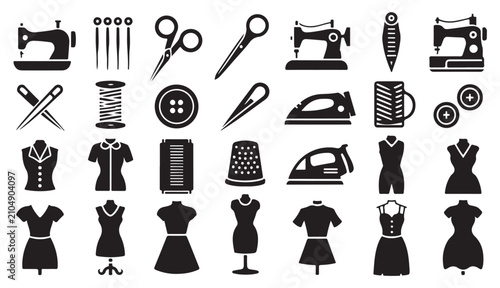 Canvastavla Set of sewing icons featuring diverse tailoring equipment and fashion design dress forms