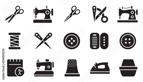 Canvastavla Set of sewing and tailoring icons, featuring sewing machines, scissors, and threads