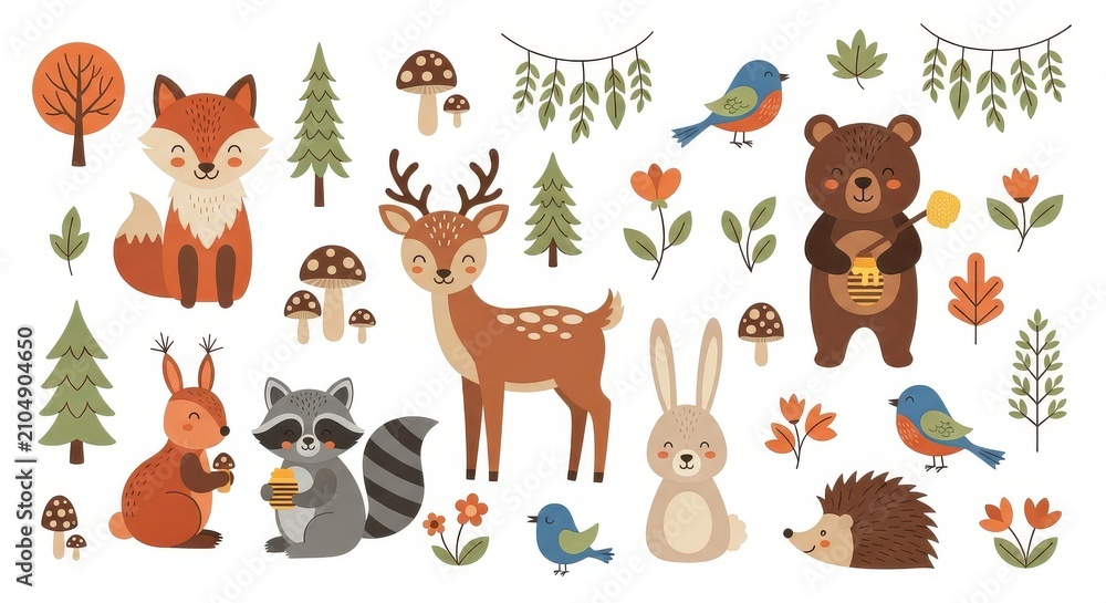 Fototapeta premium Cute Woodland Animals and Forest Elements Clipart Set with Fox, Deer, Bear, Raccoon, and Squirrel for Kids Design
