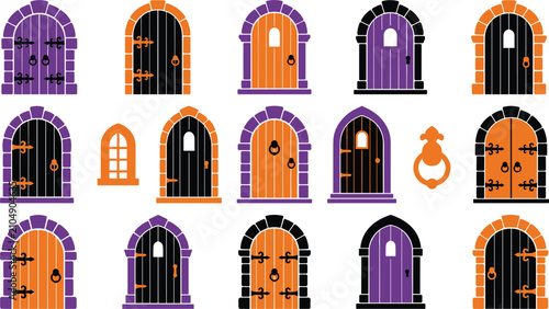 Spooky Halloween castle doors and gothic windows flat vector illustration set featuring ancient stone archways gates and knockers