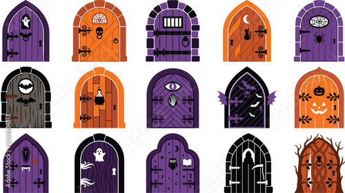 Spooky Halloween doors and haunted house gates flat vector illustration set featuring gothic wooden archways with ghost bat spider and pumpkin decorations