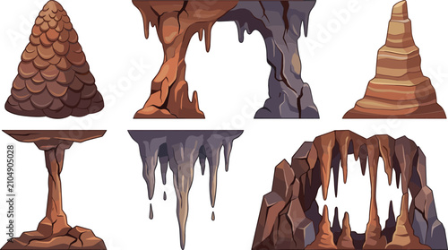 Foto Cartoon underground cave design elements collection set with rock formations sto