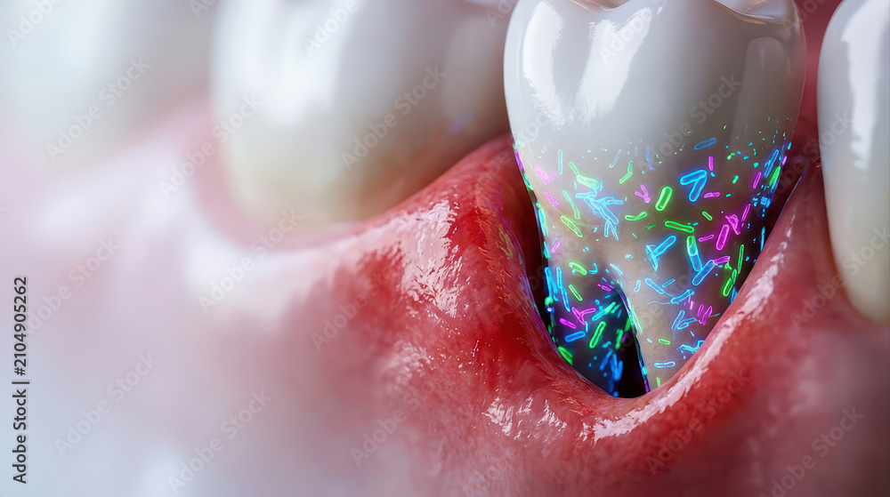 Naklejka premium Dental biofilm on tooth surface near inflamed gum illustrates cause of gum disease with colorful bacteria showing infection risk and oral health concern