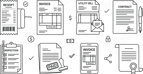 Business document and financial invoice line icons set featuring receipt contract utility bill inspection checklist mobile billing elements