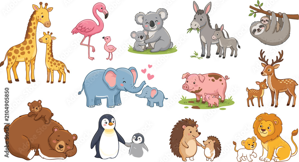 Obraz premium Hair DCute Animals and Babies Vector Set with Cartoon Wildlife and Farm 