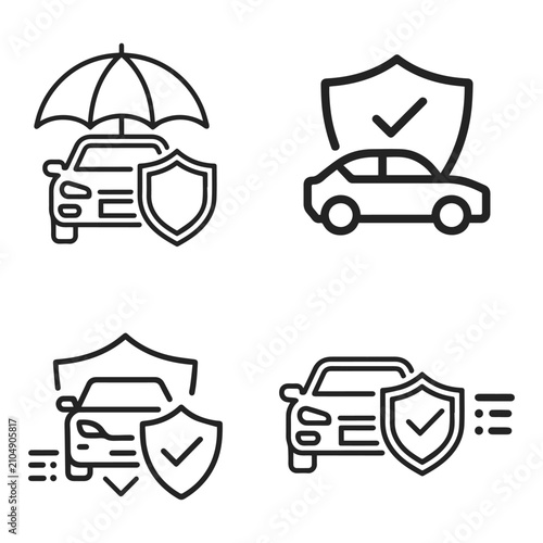 Car insurance and vehicle protection icons featuring shields and umbrellas to symbolize safety, coverage, and automotive security services.
