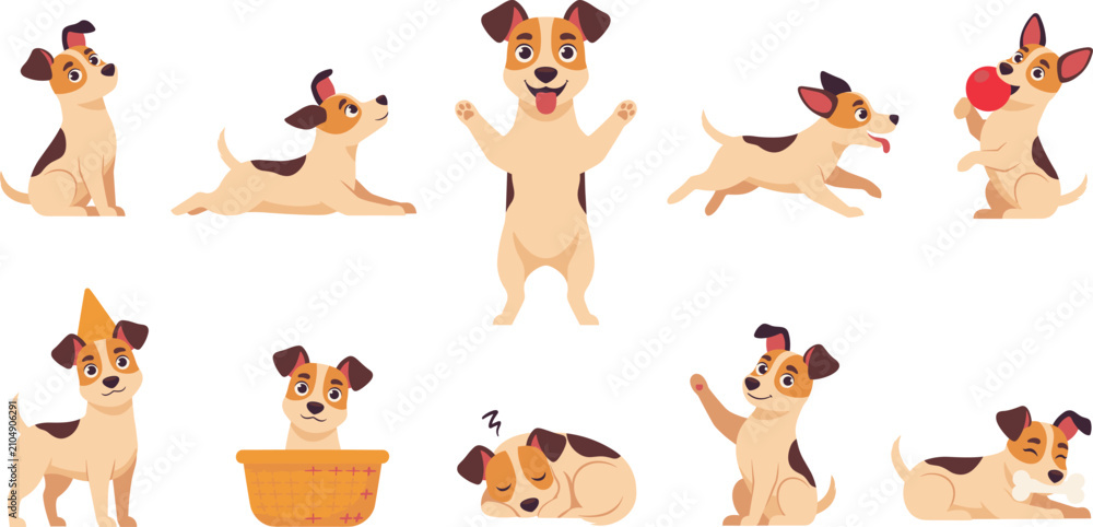 Fototapeta premium Cute Jack Russell Terrier Puppy Character Vector Set with Running, Sleeping, Playing Ball, Sitting in Basket, and Chewing Bone Poses for Pet Designs