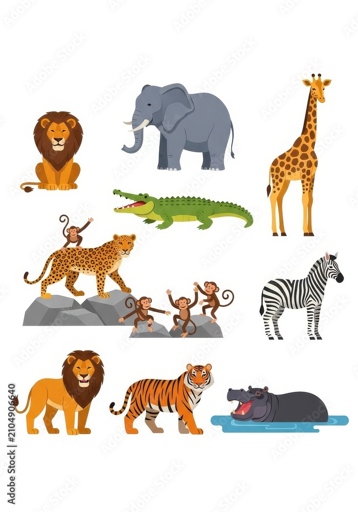Obraz premium Collection of African Safari Animals Vector Illustration Set with Lion Elephant Giraffe Zebra Tiger Hippo and Monkey