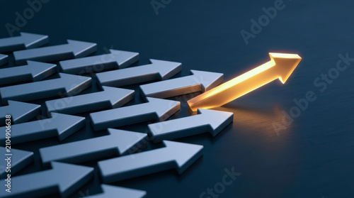 Glowing golden arrow moving in a different direction from a group of silver arrows representing leadership, innovation, and breaking the mold.