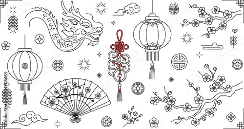 Cuadro en lienzo Chinese New Year line icons set with dragon lantern folding fan lucky coins cher