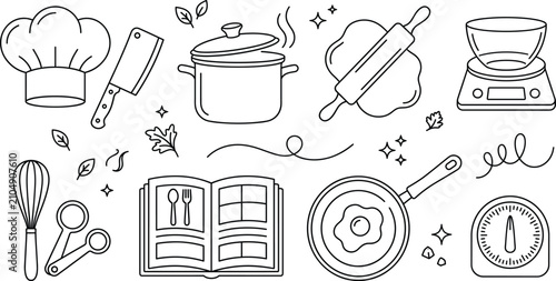 Fotografía Cooking and culinary kitchen utensils line icons set with chef hat pot rolling p