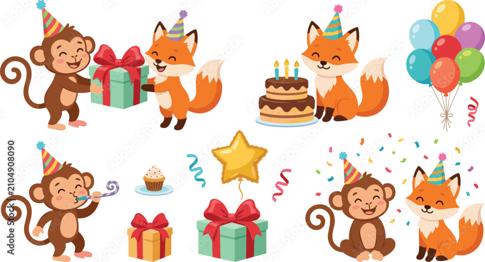 Naklejka premium Cute Cartoon Monkey and Fox Birthday Party Vector Character Set with Cake Balloons Gift Boxes Confetti and Festive Accessories