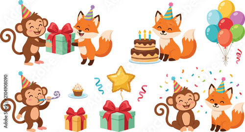 Photography Cute Cartoon Monkey and Fox Birthday Party Vector Character Set with Cake Balloo