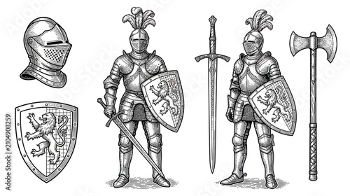 Schilderij op canvas Knights in Armor with Swords and Shields