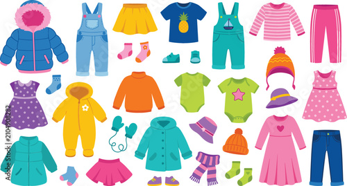 Quadro em tela Cute colorful kids fashion and baby clothes collection set with jackets dresses