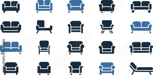 Foto Living room sofa and armchair glyph icon collection featuring flat blue vector s