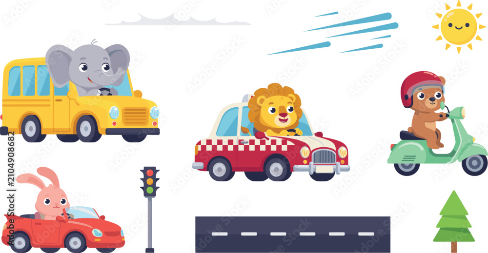 Fototapeta premium Cute Animal Drivers Vector Character Set with Elephant Bus, Lion Car, Bear Scooter, and Rabbit Convertible for Kids Education and Nursery Designs