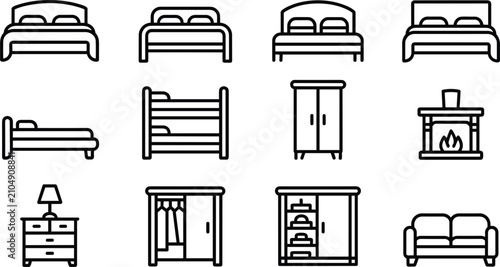 Foto Bedroom interior furniture line icon set featuring minimalist outline vector sym