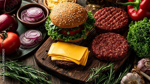 Assorted Burgers with Cheese and Greens on Wooden Board.