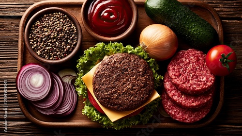 Fresh Raw Burger Patty with Lettuce Tomato and Buns.