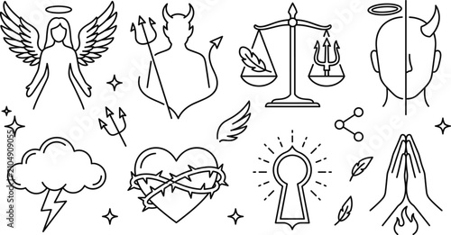 Konstfotografi Good and evil morality line icons set with angel devil scales thorn heart prayin