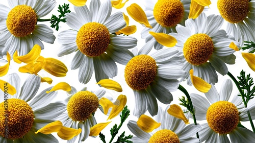 Closeup of daisies with white petals and yellow centers.