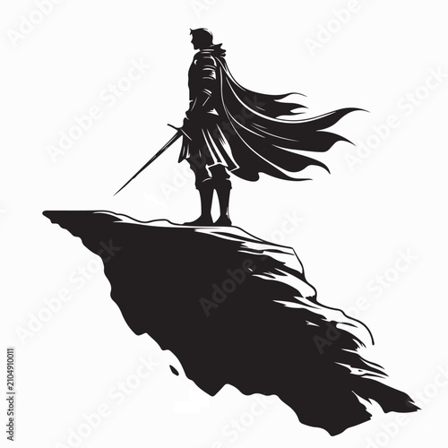 Tableau sur toile Fantasy Warrior Looking Over Valley Silhouette Vector Design