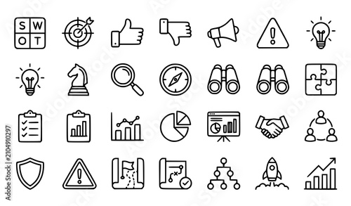 SWOT analysis vector outline icon set featuring strengths weaknesses opportunities threats and strategic planning symbols
